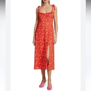 Wayf Fleur Red Floral linen blend Midi Skirt high slit Rose M